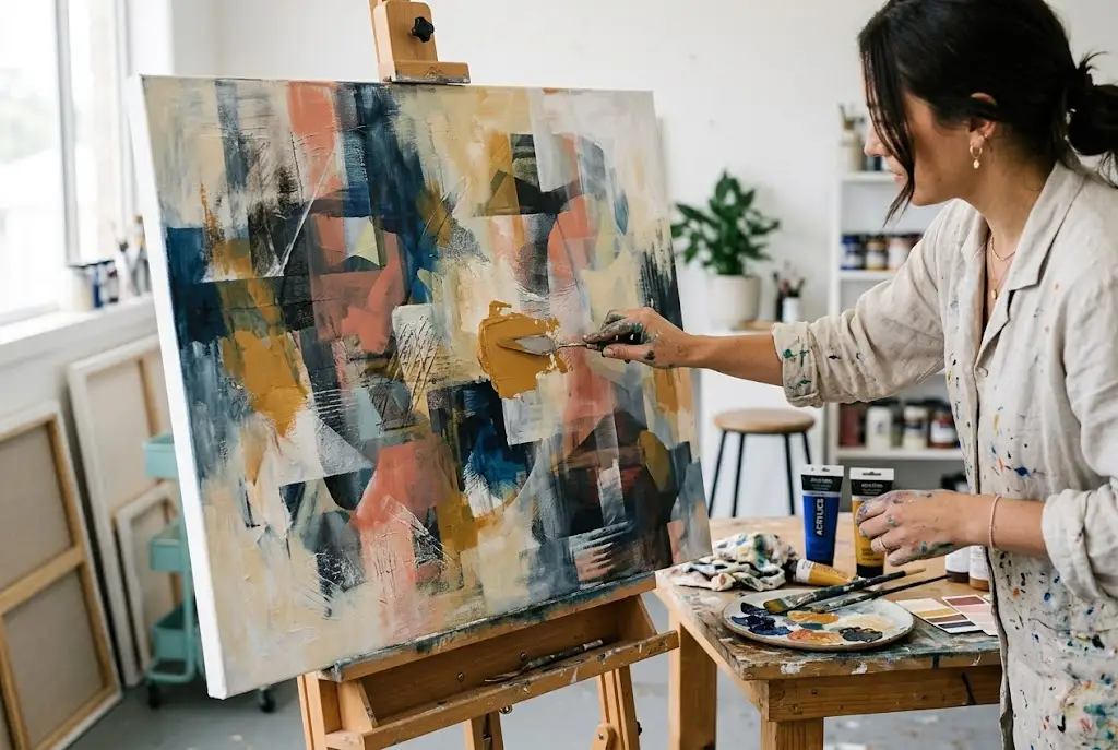 Artist applying layered abstract paint with a palette knife to a canvas in a studio