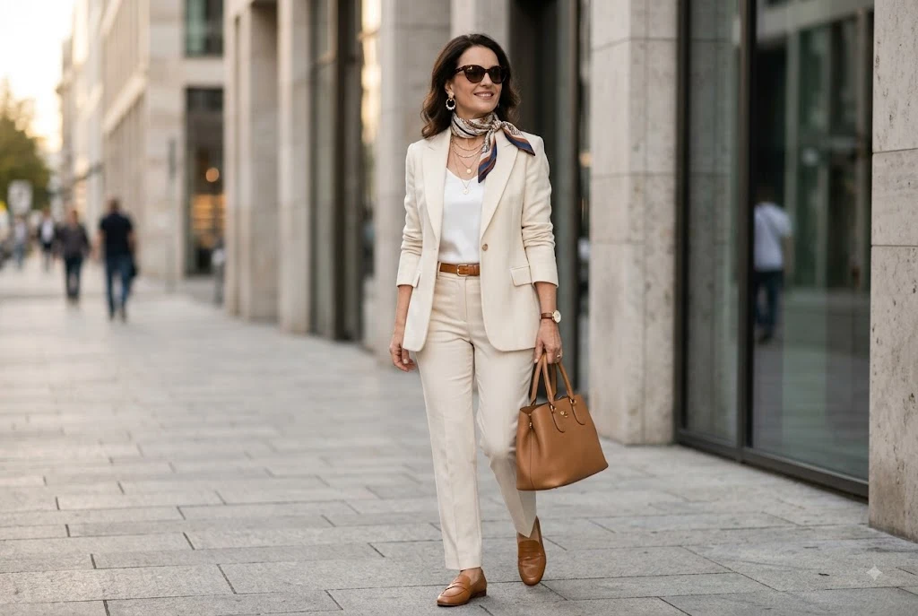 Woman wearing a neutral outfit styled with a handbag, sunglasses, jewelry, belt, and silk scarf