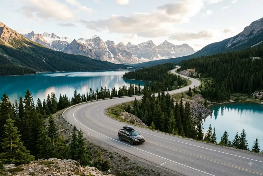 Winding scenic highway through snow-capped mountains beside a turquoise alpine lake