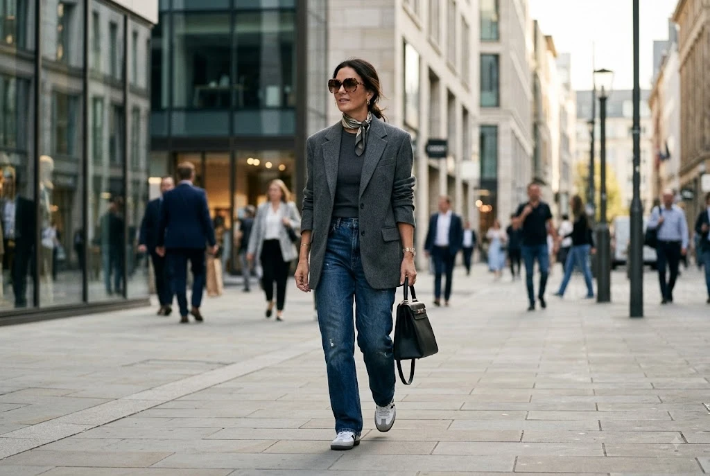 Woman wearing an oversized blazer, relaxed denim, sneakers, sunglasses, and a structured handbag on a city street