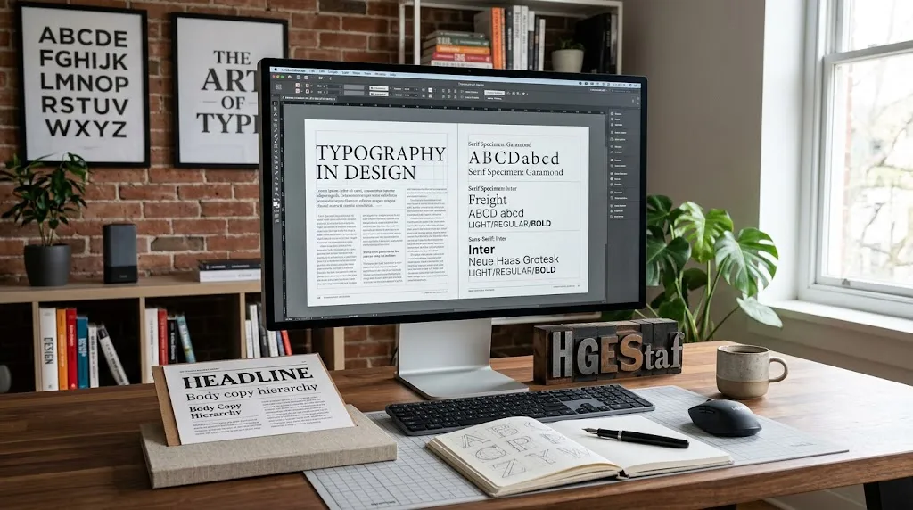 Professional design workspace displaying serif and sans-serif typography layouts on a monitor and printed design board