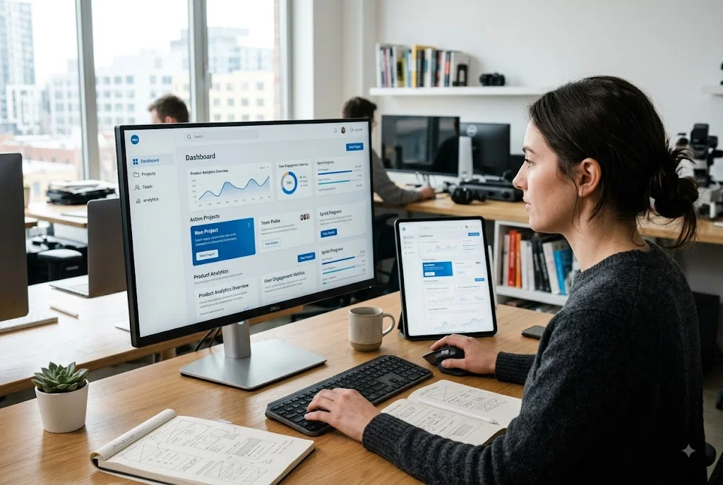 UI/UX designer working on a responsive website interface with wireframes on a desk