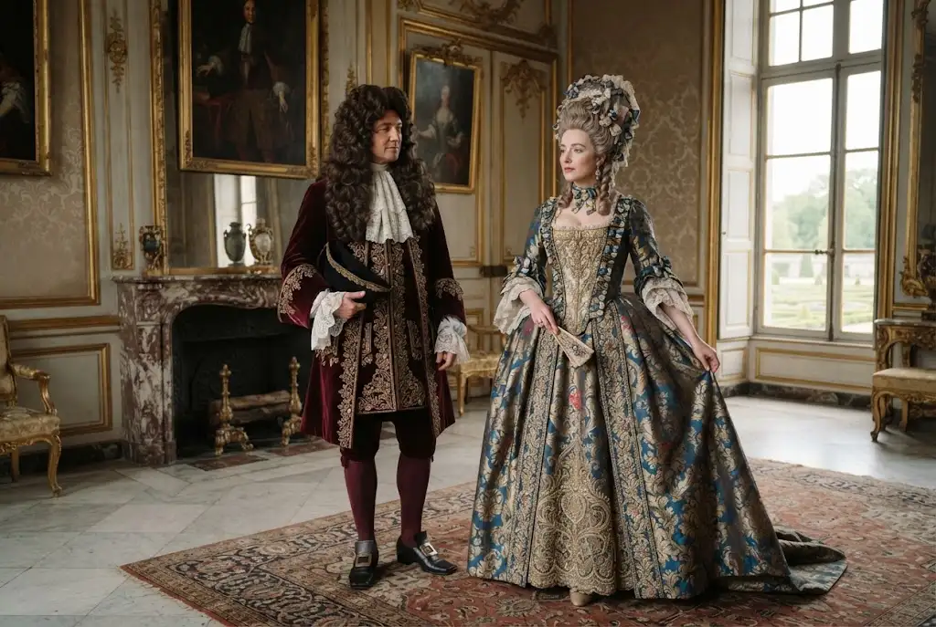 1680s fashion featuring an ornate mantua gown, justaucorps coat, wigs, and period textiles