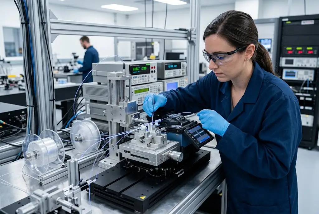 Engineer working with precision fiber optic processing equipment in a photonics laboratory