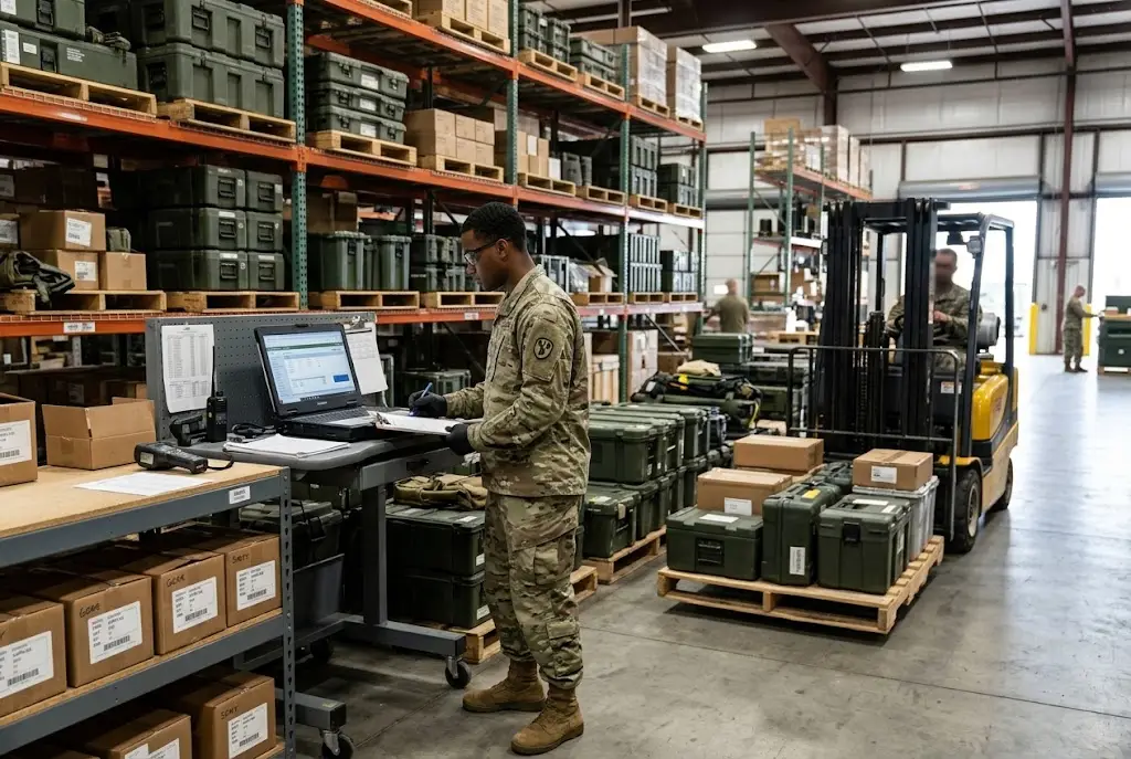 Army logistics specialist reviewing inventory in a military supply warehouse