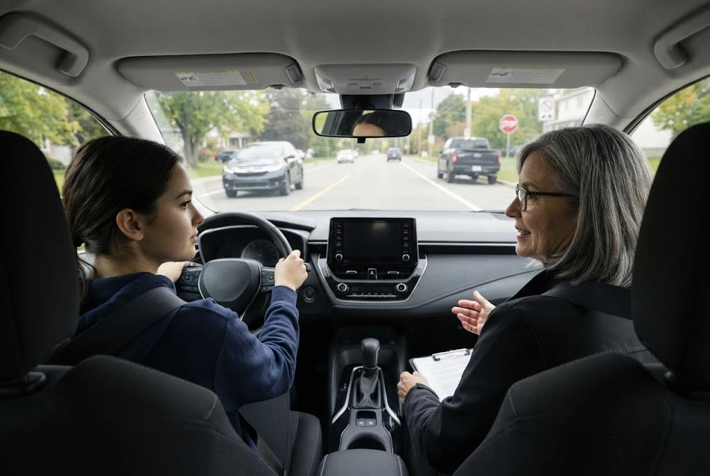 Learner driver receiving professional instruction during a safe driving lesson