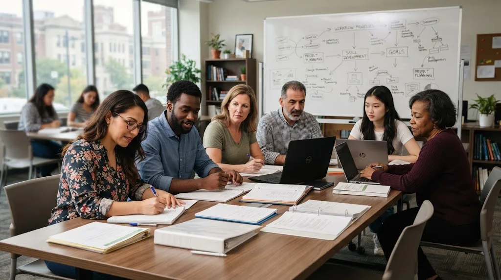 Adult learners studying together in a modern New Haven classroom