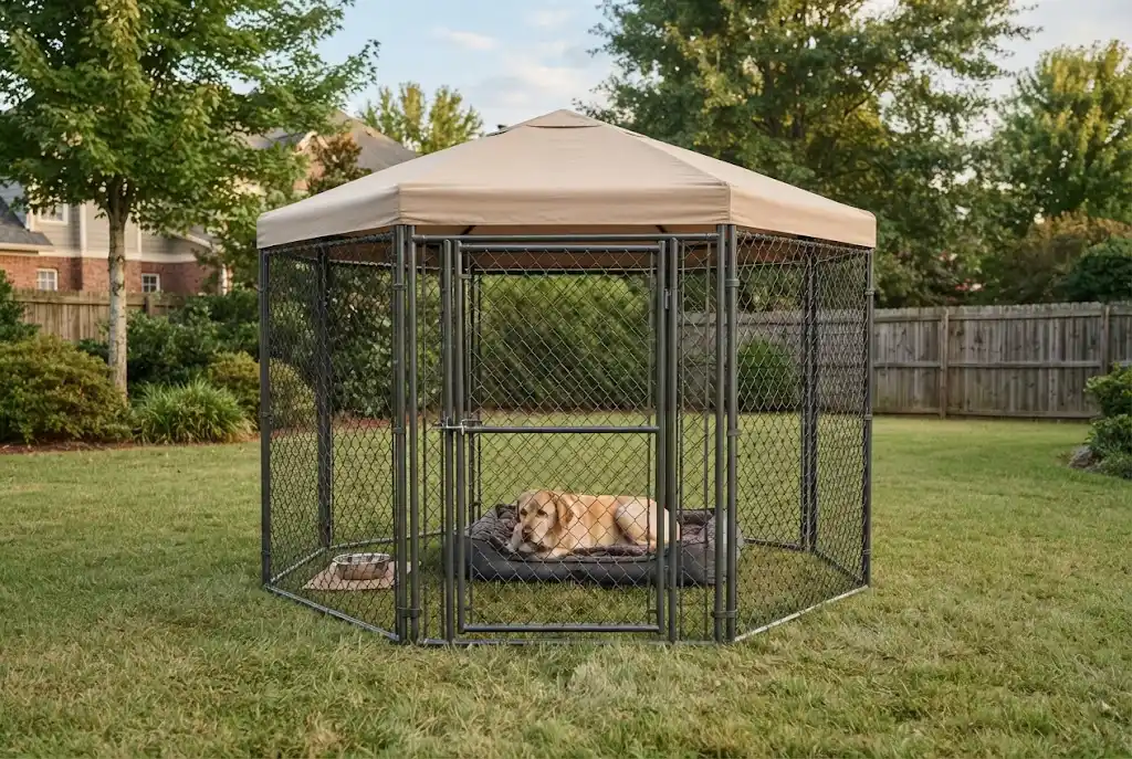 Dog resting inside an outdoor gazebo-style pet enclosure in a backyard