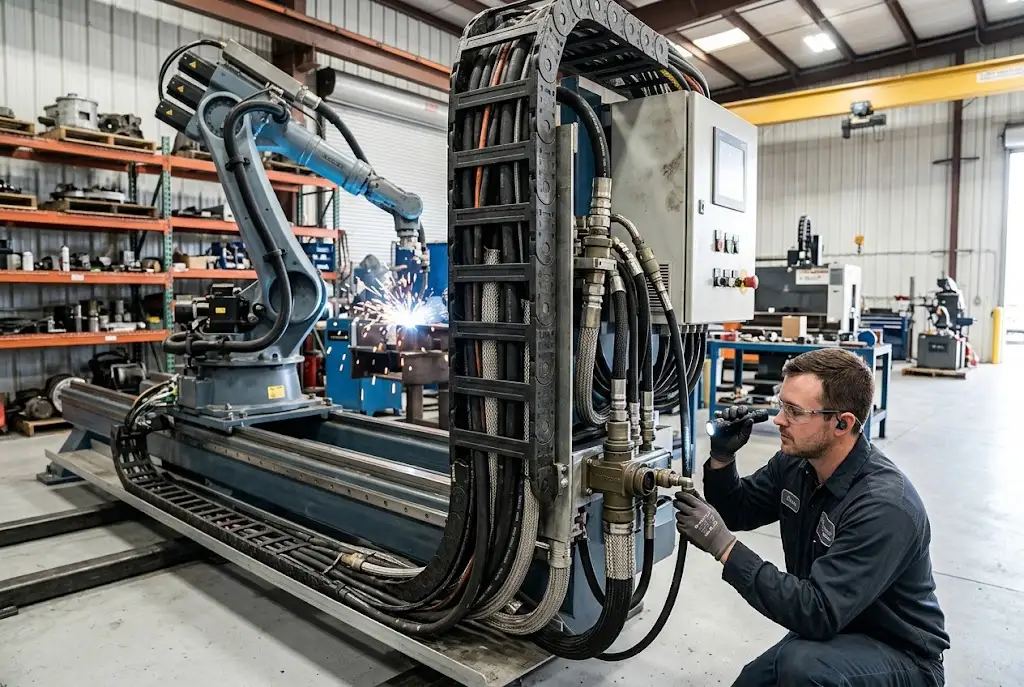 Rugged cable assemblies and hydraulic hoses arranged on heavy industrial equipment