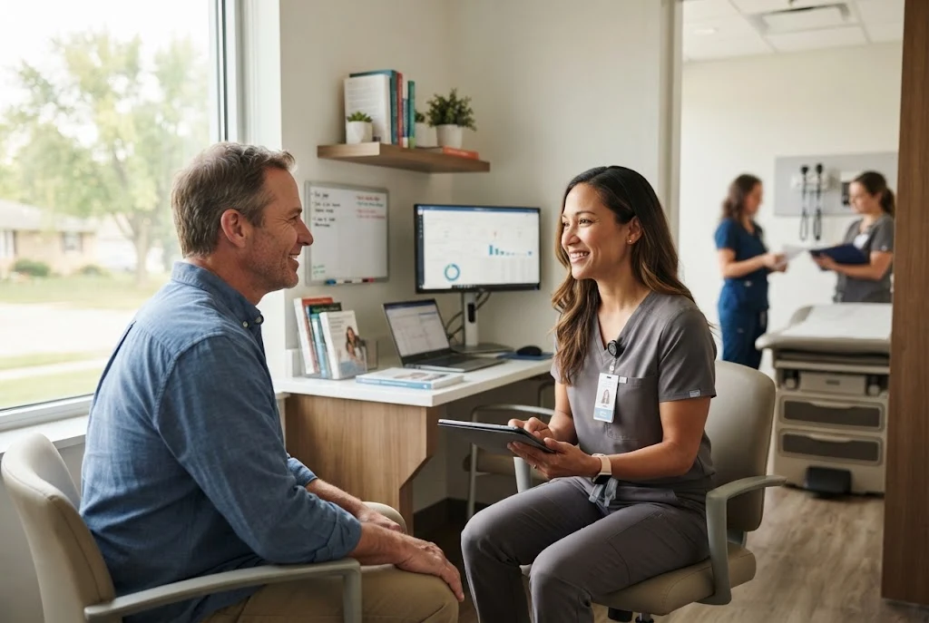 Primary care physician meeting with a patient in a modern clinic representing Anovia Health