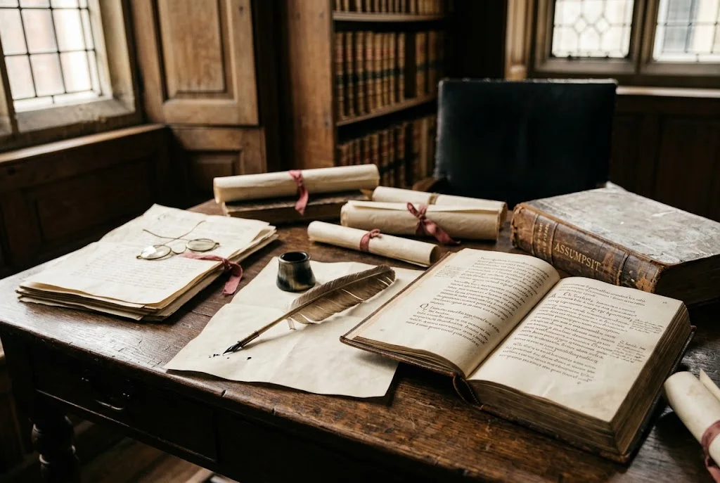 Historic legal documents and law books representing assumpsit and common-law contract principles