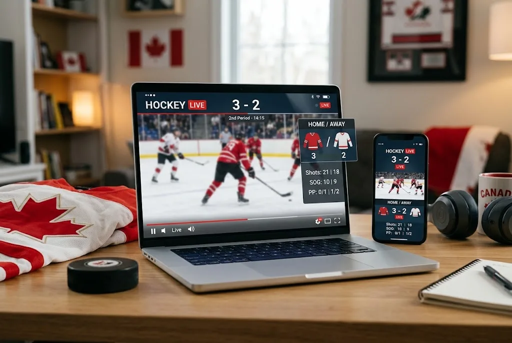 Laptop and smartphone showing a live hockey sports interface with scores and statistics