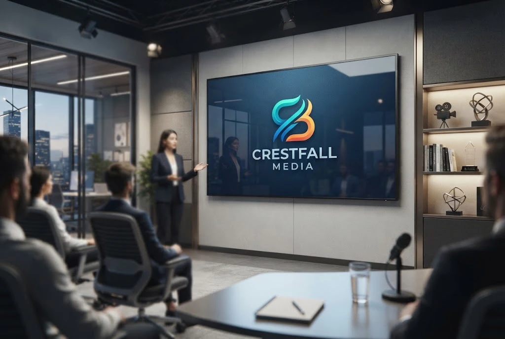 Entertainment company branding displayed on a professional digital media screen