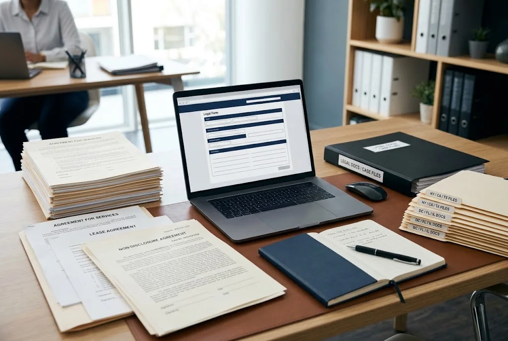 Legal forms and an interactive document on a laptop arranged on a professional office desk