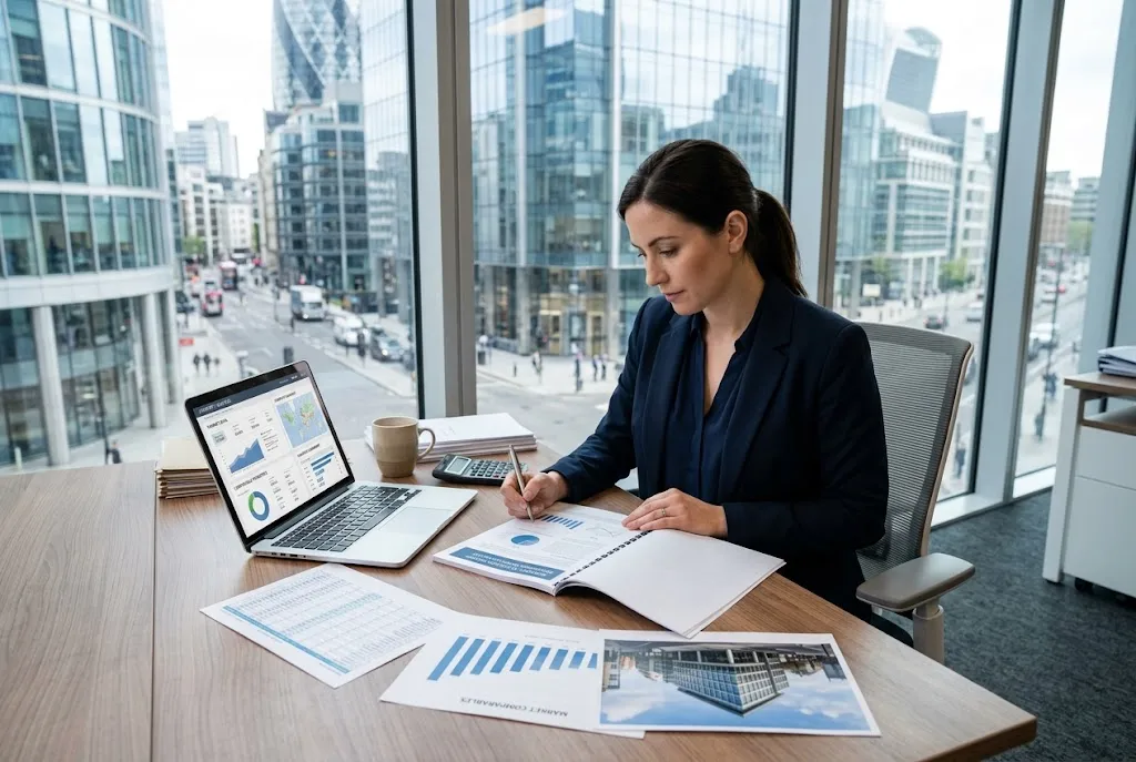 Real estate broker reviewing property valuation and comparable market data