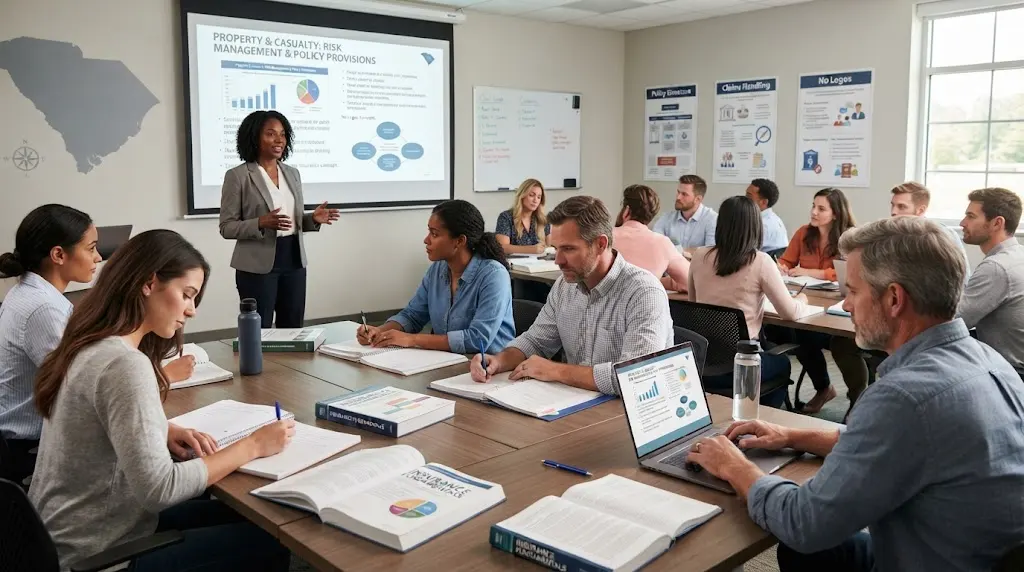 Students studying insurance licensing materials in a professional classroom