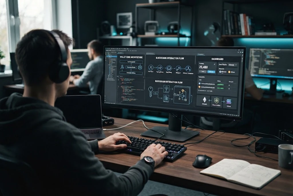 Developer working with a cryptocurrency wallet dashboard and blockchain security interface