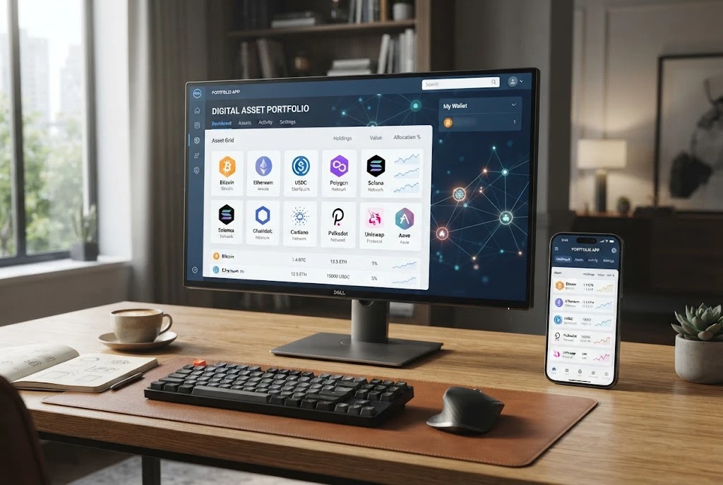 Cryptocurrency icons displayed in a digital asset portfolio interface