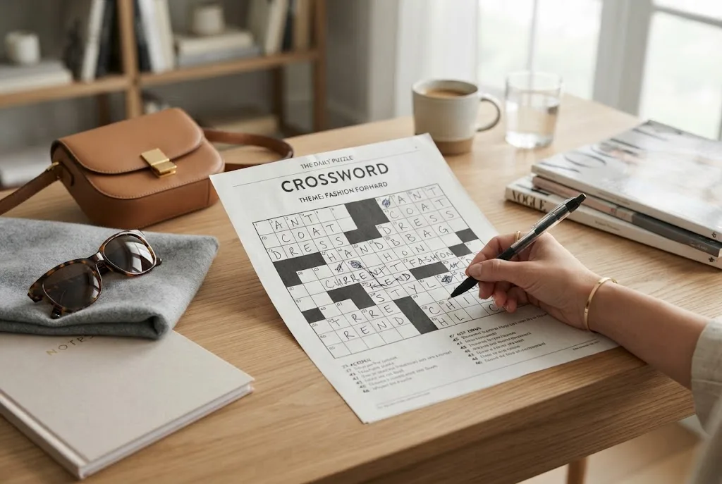 Crossword puzzle grid surrounded by contemporary fashion accessories