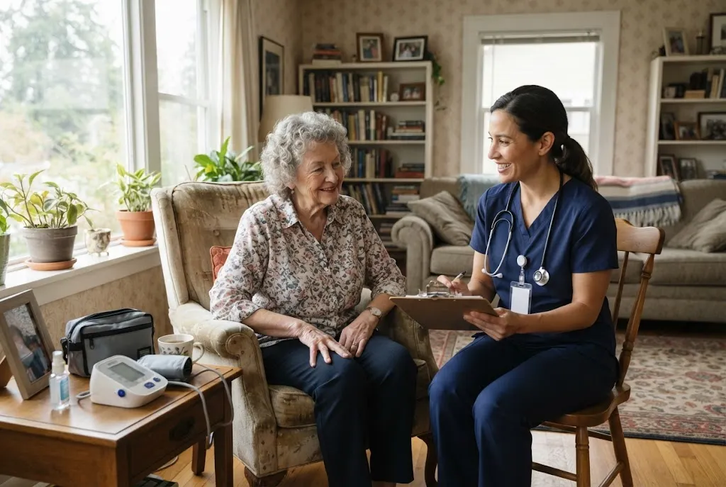 Healthcare professional providing attentive home-based care to an older adult in a comfortable living room