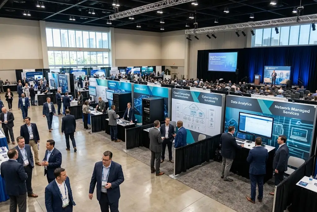 Technology expo hall with IT professionals and vendors networking at a public-sector technology event