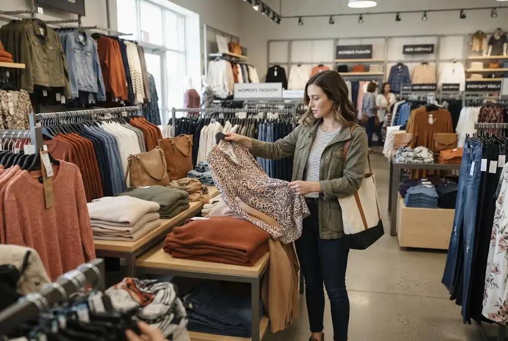 Affordable fashion clothing and accessories arranged in a modern discount retail setting