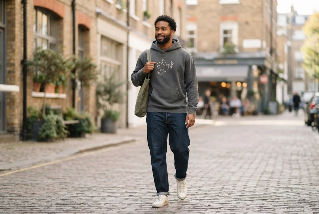 Adult wearing contemporary Christian-inspired casual clothing in an urban setting