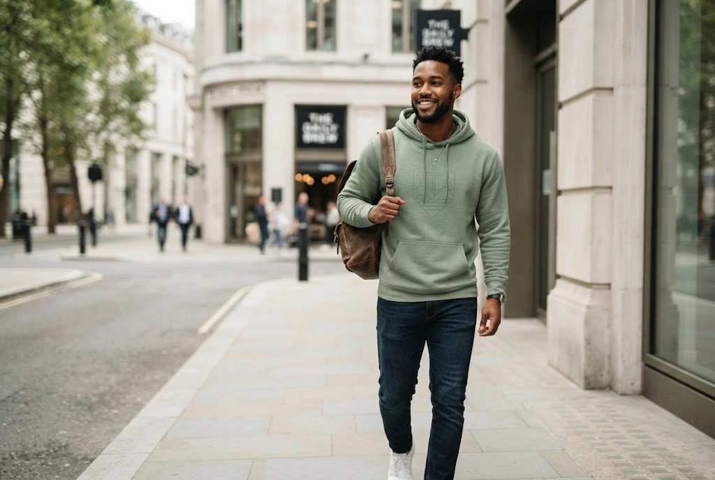 Person wearing contemporary Christian-inspired casual clothing in an urban setting