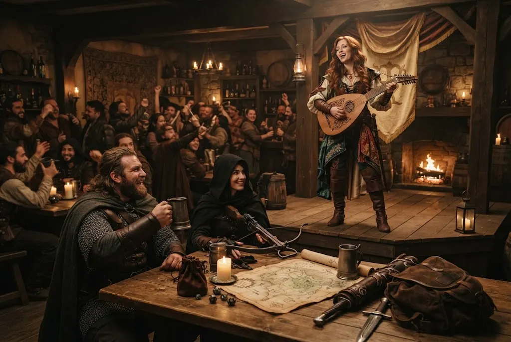 D&D Entertainer Background character performing in a fantasy tavern