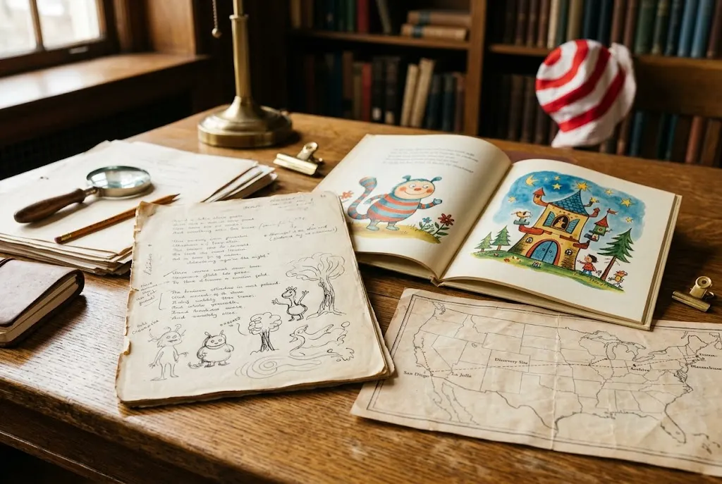 Archival manuscript, U.S. map, and children's book representing a new Dr. Seuss release