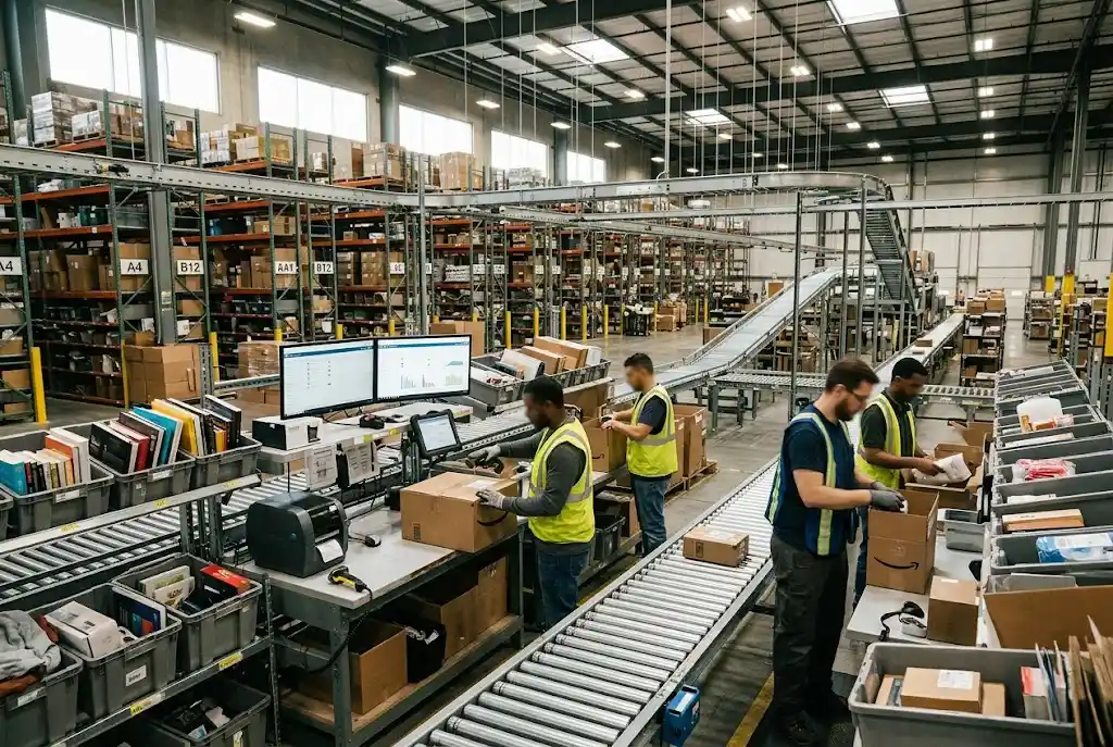 E-commerce fulfillment warehouse with inventory and logistics operations