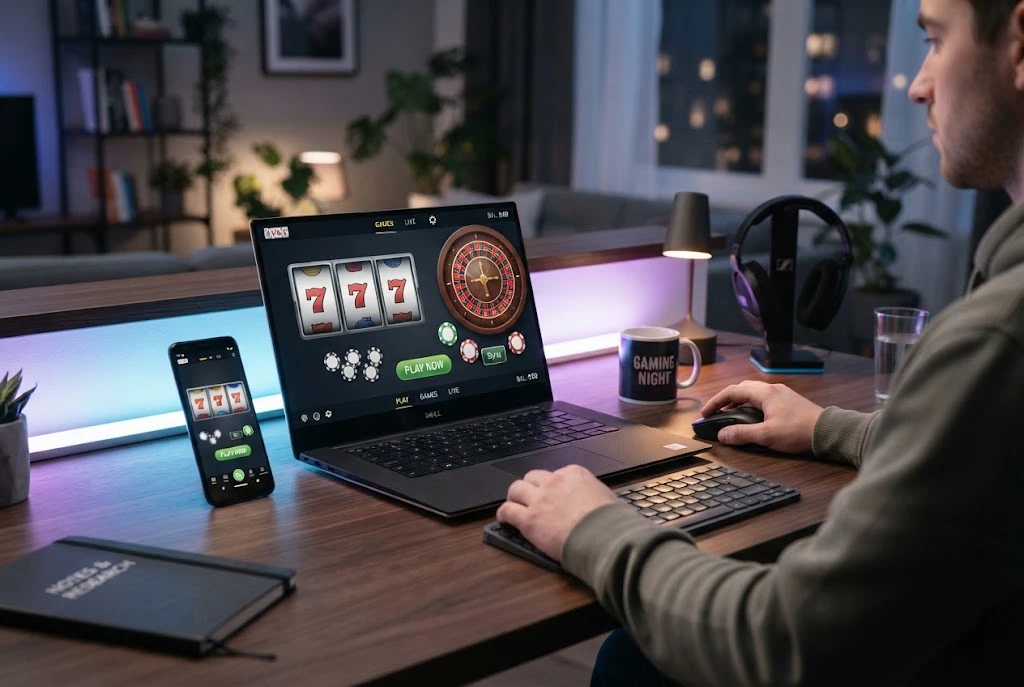 Generic online casino games displayed on a laptop and smartphone