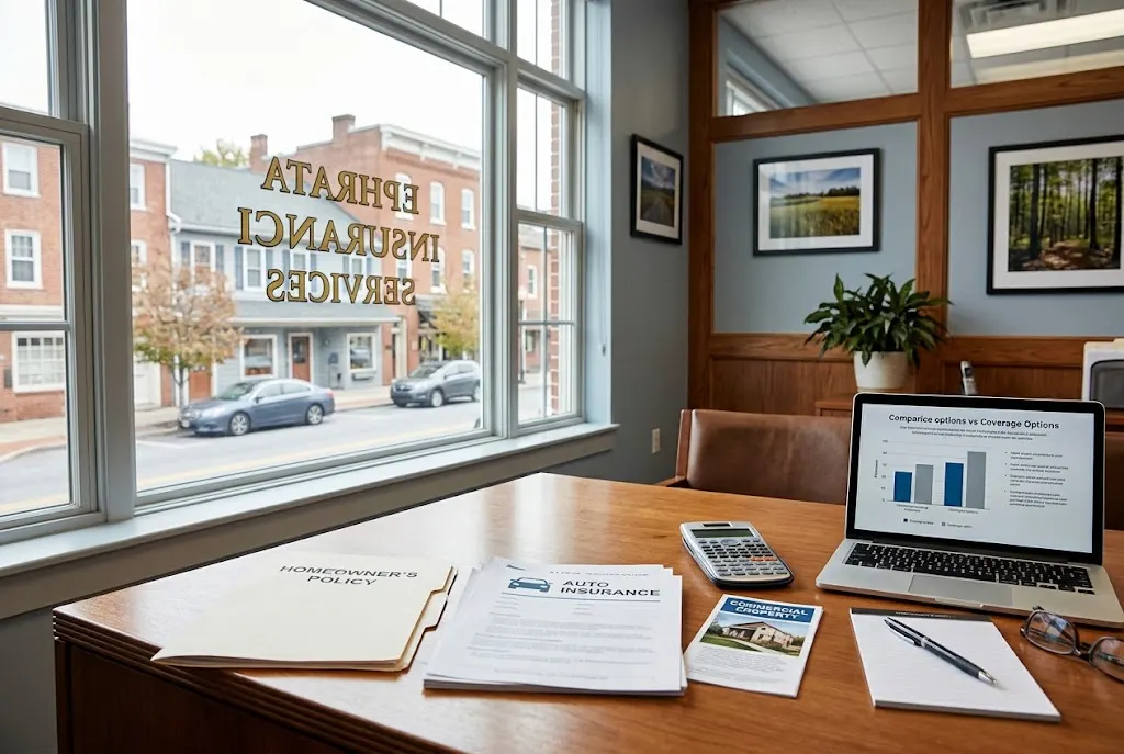 Insurance documents for home auto and business coverage on a professional desk in Ephrata