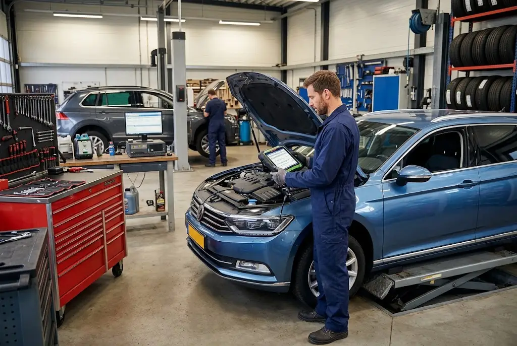 Mechanic using diagnostic equipment while inspecting a passenger vehicle inside a professional auto repair shop