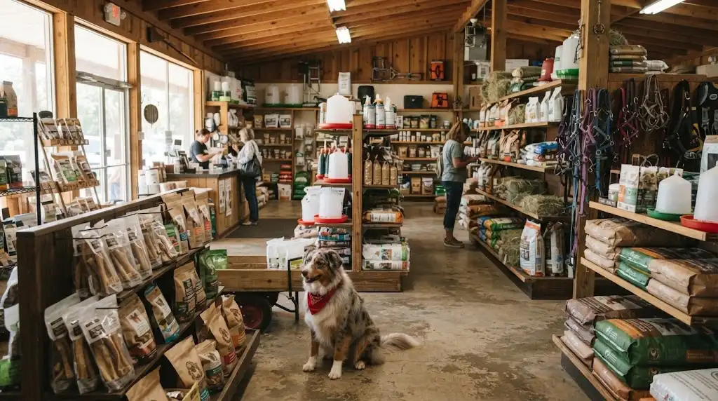 Pet food, horse feed, hay and livestock supplies displayed in a farm and pet supply store