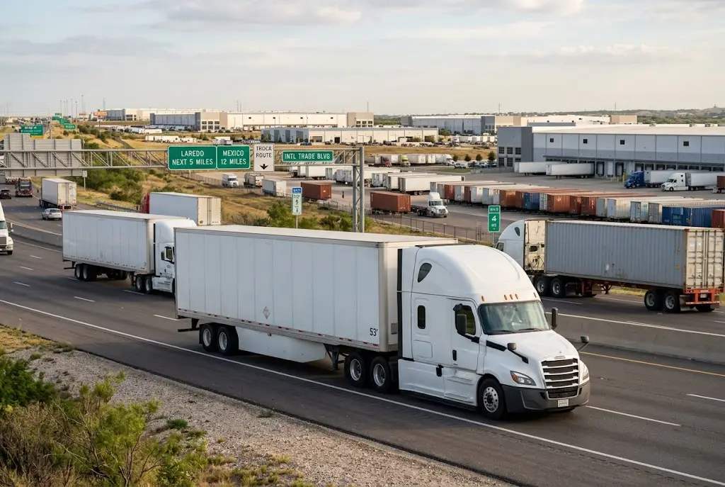 Freight truck traveling through a commercial logistics corridor in Texas