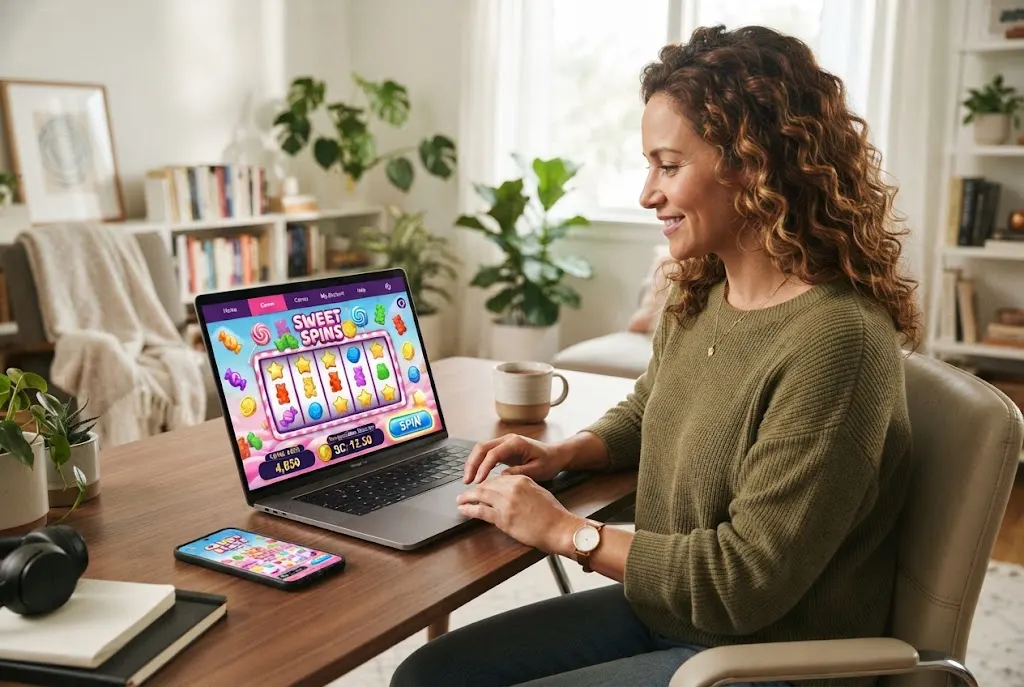 Adult using a laptop with a generic candy-themed online casino game interface