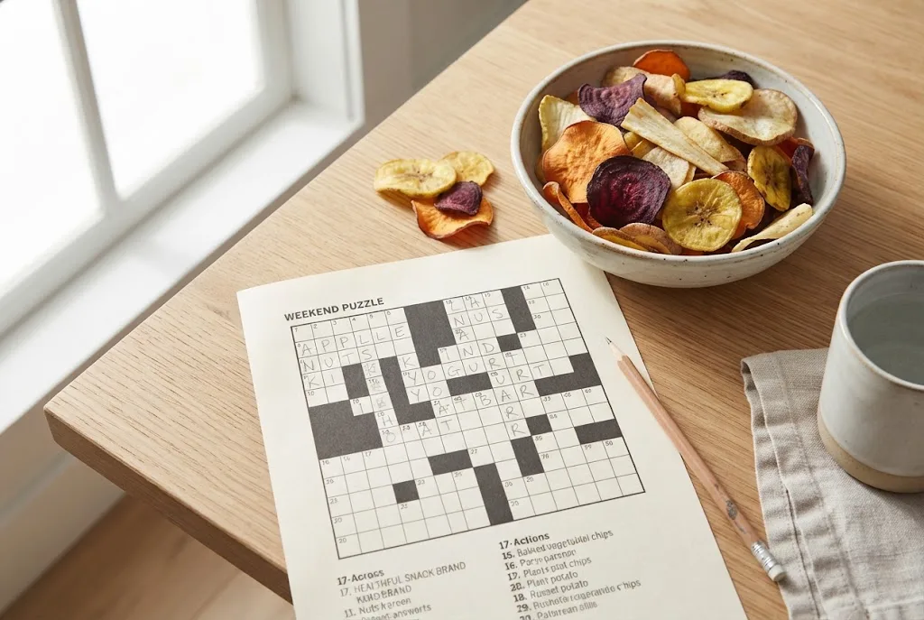 Healthful snack brand NYT crossword clue featuring colorful vegetable chips