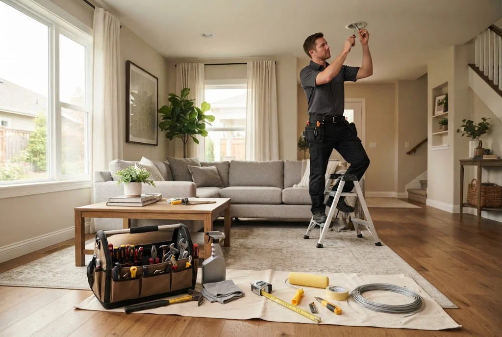 Home service technician handling routine household maintenance in a residential home