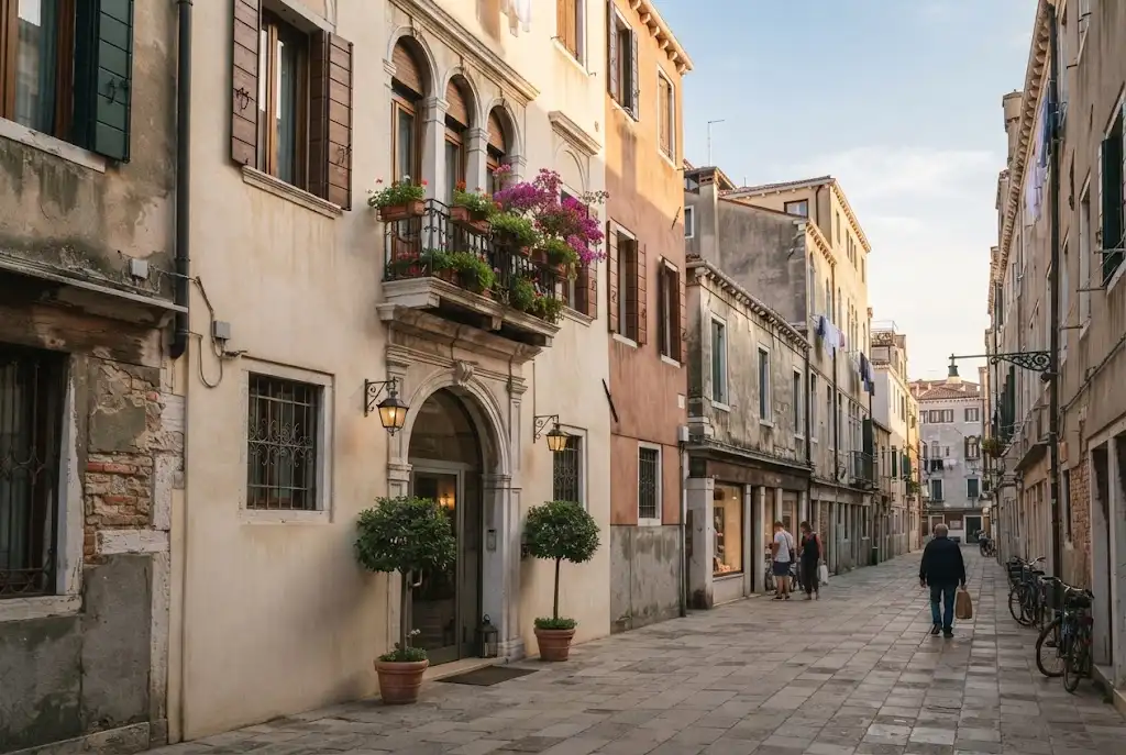 Venetian-style exterior of Hotel Belle Arti in Venice's Dorsoduro district