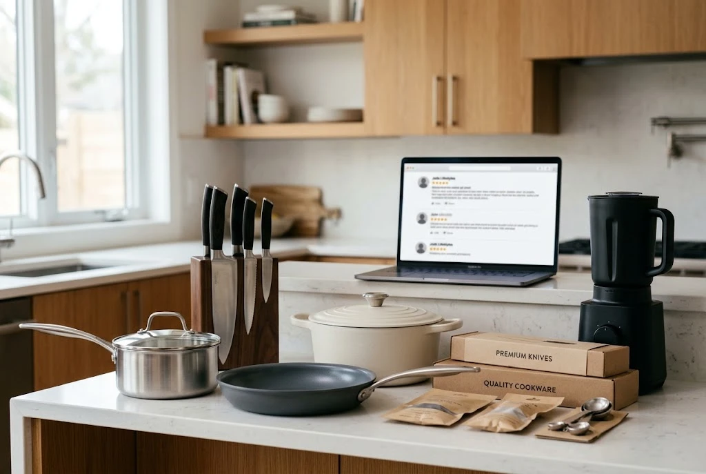 Kitchen cookware and appliances beside a device showing product review research