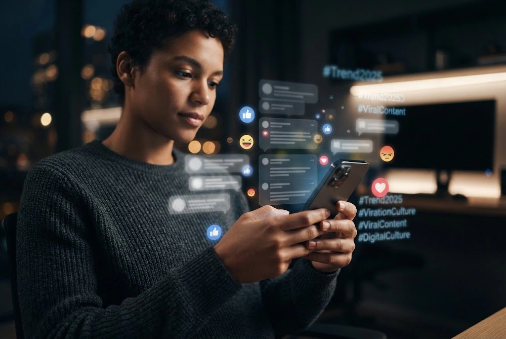 Person viewing viral social media content representing the latest internet trend of 2025