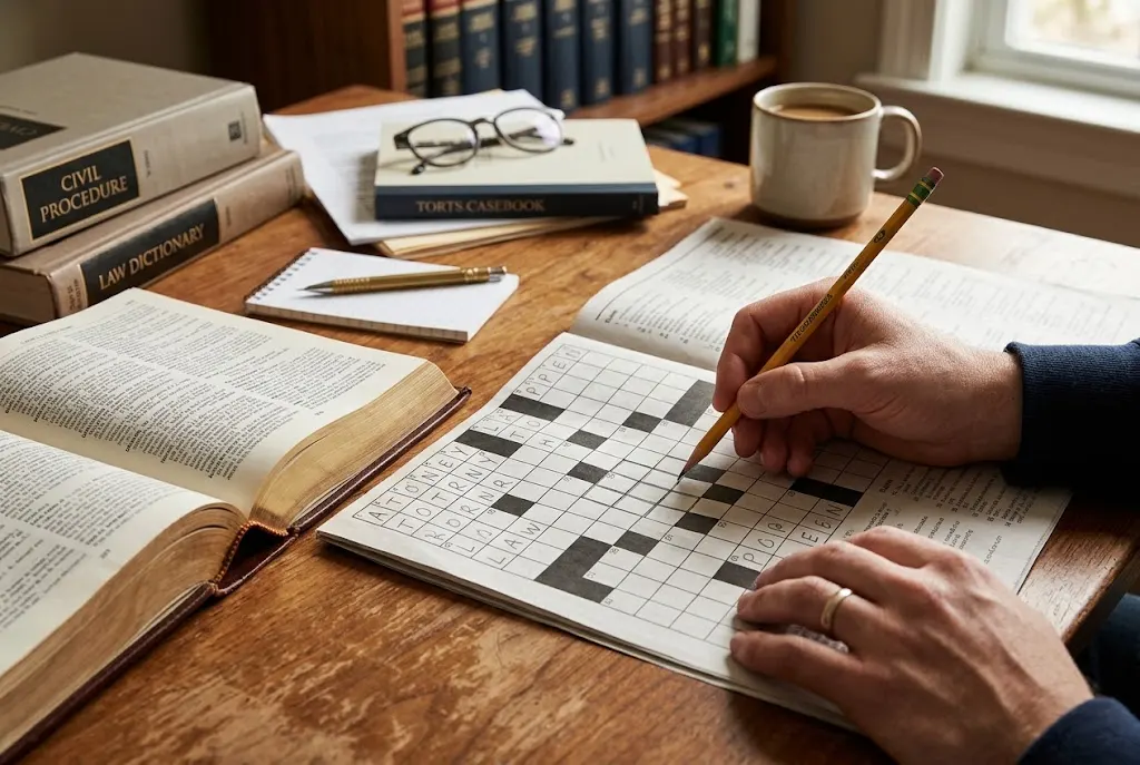 Crossword puzzle with legal reference books and a pencil on a desk