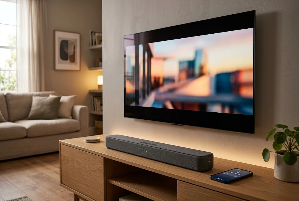 Compact soundbar positioned beneath a television in a modern living room