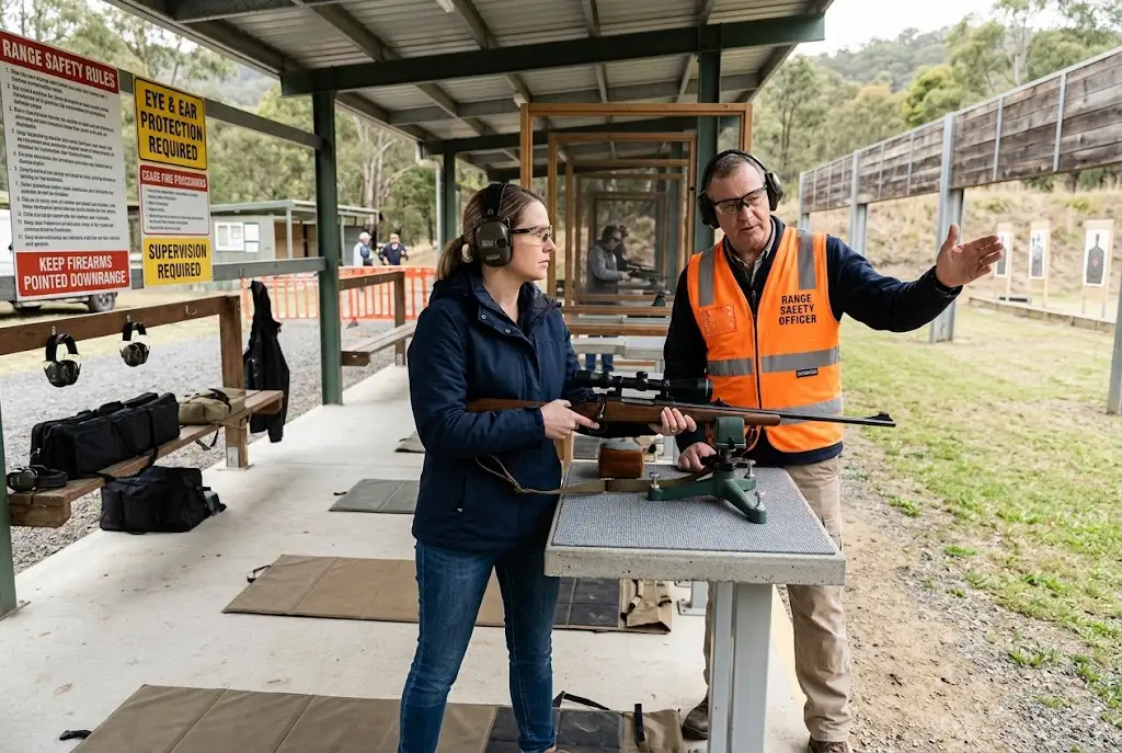 Lombardo Sporting Arms safety-focused sporting range with an instructor supervising a protected adult participant