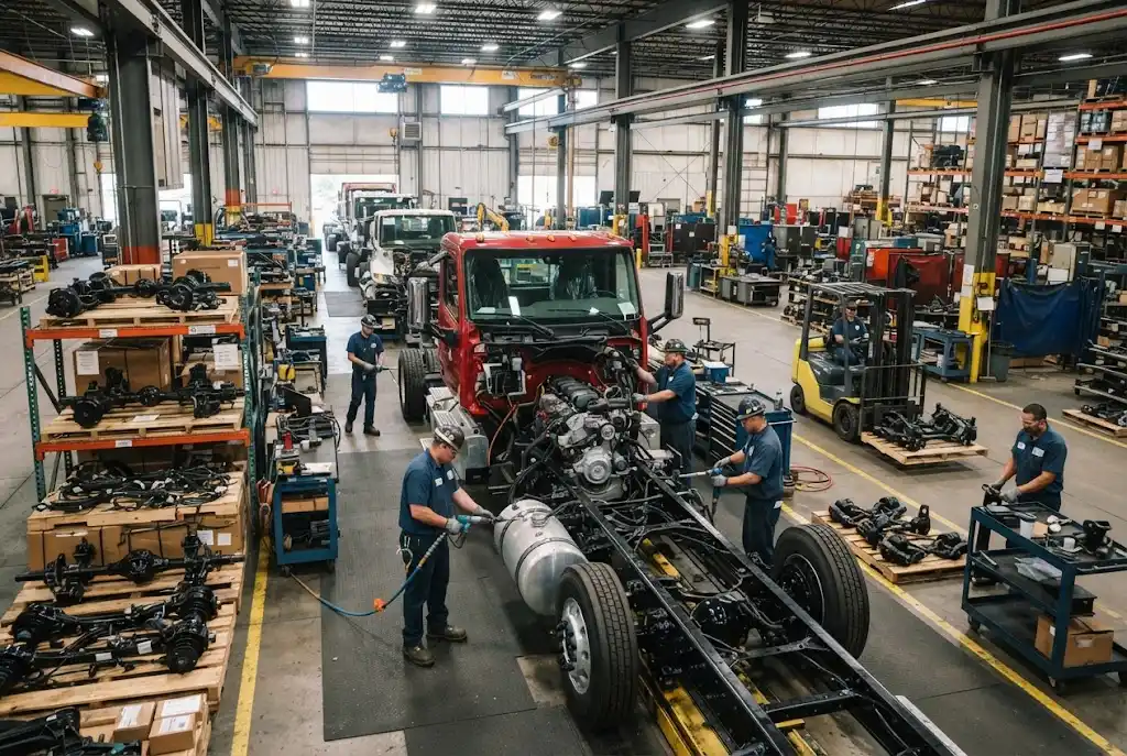 Heavy-duty truck manufacturing and logistics operations in an industrial facility