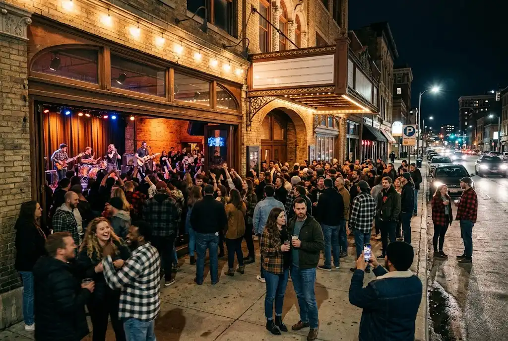 Crowd enjoying a live concert outside a historic Milwaukee music venue at night