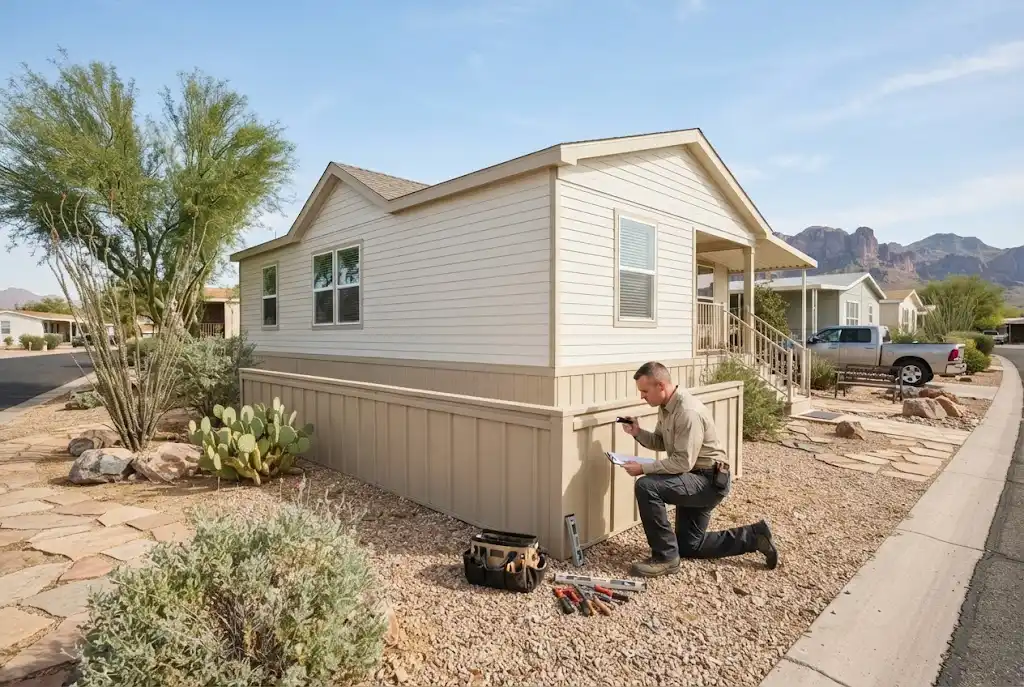 Technician inspecting a well-maintained manufactured home in an Arizona residential setting