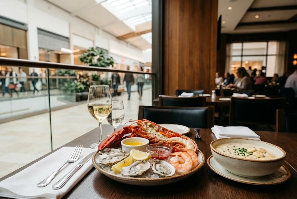 Seafood platter with lobster, oysters, shrimp, and clam chowder representing the former Legal Sea Foods location at Montgomery Mall