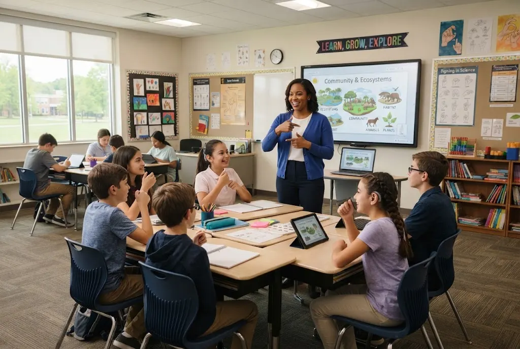Teacher using American Sign Language with students in an accessible classroom
